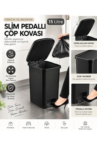Slim Pedallı Banyo Mutfak Çöp Kovası - 15 Litre Siyah