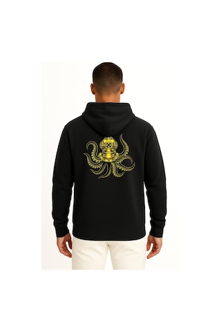 Bahriyeli Collection Kapüşonlu Steampunk Octopus Dalgıç Başlığı Göğüs Ve Sırt Baskılı Unisex Sweatshirt Siyah