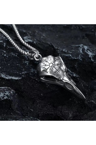 Odin Raven Vegvisir Viking İşlemeli Kuzgun Kafatası Gotik Paslanm Çok Renkli
