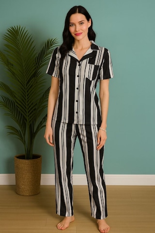 Kadın Kısa Kol Çizgili Pijama Takımı Siyah-beyaz