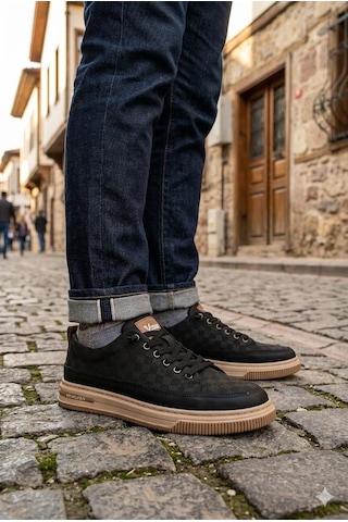 Pepita E385 Rahat Hafif Keten Özel Tasarım Spor Sneaker Erkek Ayakkabı Siyah