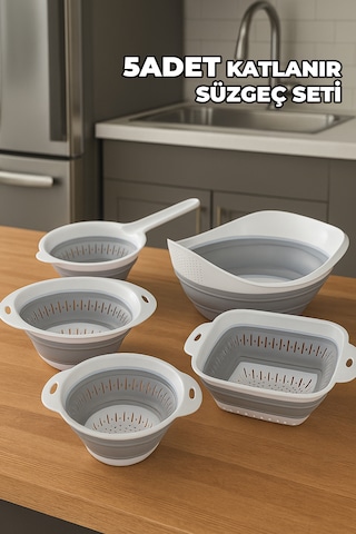 5'li Akordiyon Süzgeç Seti - Pirinç, Oval, Yuvarlak, Saplı, Kare Süzgeç - Katlanır Süzgeç Seti Beyaz - Gri