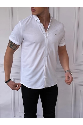 Modefendi Slim Fit Pamuk Örme Polo Yaka Kısa Kollu Gömlek Beyaz