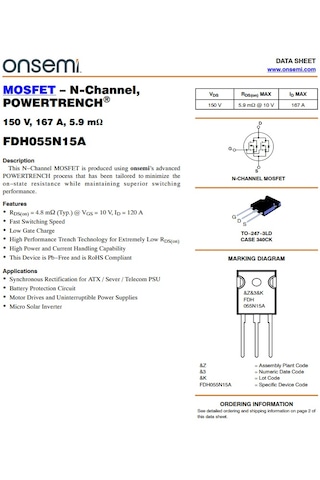 Fdh055n15a 150 V, 167 A, 5.9 Mohm N-channel Mosfet Powertrench