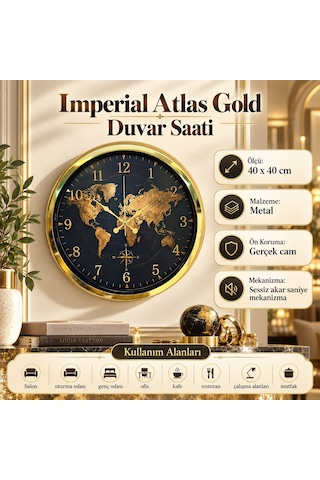 Imperial Atlas Gold Dünya Haritalı 40 X 40 Cm Metal Duvar Saati