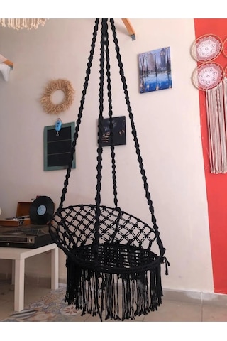 Makrome Özel Örgü Burgu Halatlı Siyah Salıncak Hamak Siyah
