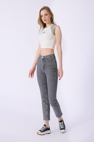 Claudia Mom Kalıp Düz Denim Pantolon-gri Gri
