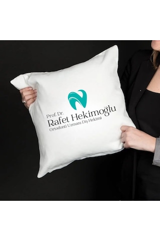 Diş Hekimlerine Özel Saten Yastık Kılıfı 50x50 Cm İsme Özel Diş Hekimi Temalı Dekoratif Kırlent Kılıfı İçi Boş Beyaz