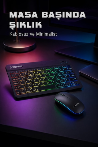 Tablet Ve Bilgisayar İçin Rgb Led Işıklı Taşınabilir Kablosuz Bluetooth Klavye Ve Dongle'lı Mouse Seti Siyah