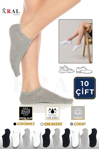 Kral Socks Kadın - Erkek Pamuklu Terletmez 10'lu - 10 Çift Yazlık Görünmez Çorap Asorti