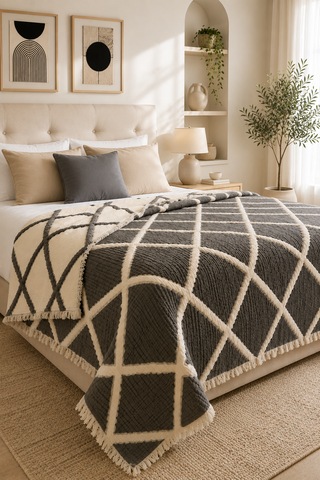 Premium Geometrik Kare Desenli %100 Pamuk Müslin Çift Taraflı Yatak Örtüsü Pike 220x240 Çift Kişilik Antrasit