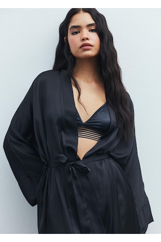 Frappant Siyah Uzun Saten Sabahlık / Kimono Siyah