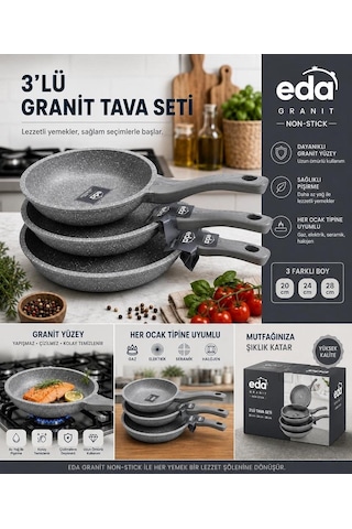 Eda Stone Gri Granit Döküm 3'lü Tava Seti 20-24-28 Cm Zk-921