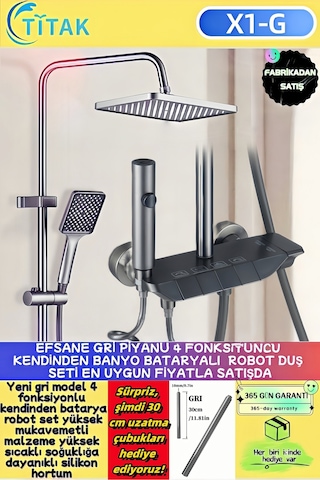 Piano 5 Fonksiyonlu Kendinden Banyo Bataryalı Dijital Akıllı Robot Duş Seti Tepe Duş Seti Gri