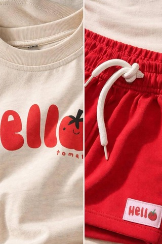 Monila Kız Çocuk Pamuklu Baskılı T-shirt Ve Kırmızı Şort 2'li Takım Ekru-kırmızı