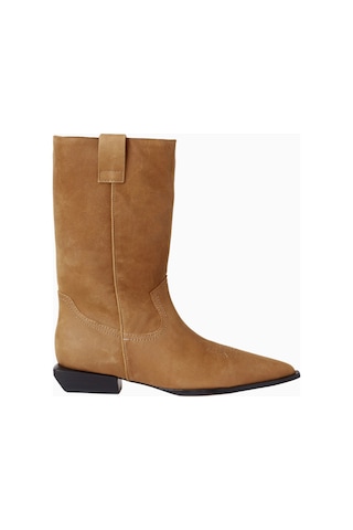 Schutz Ashley 30 Kahverengi Deri Western Topstitch, Düşük Blok Topuklu Lüks Bot