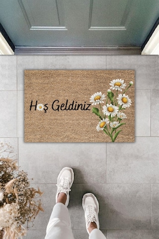 Rugmood Modern Dijtal Baskı Hoşgeldiniz Papatyalı Kapı Önü Paspası Çok Renkli