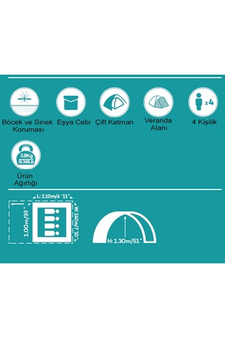 Pavillo 68091 Activeridge 4 Kişilik Çadır 210 x 100 x 240 x 130 CM Yeşil