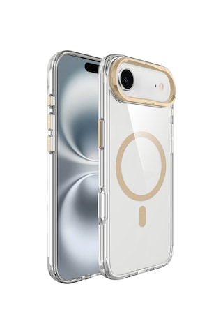 Ecruz iPhone Uyumlu 17 Air Kılıf M-safe Şarj Özellikli Airbagli Kamera Standlı Zore Azor Kapak - Gold