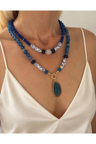 El Yapımı Mavi Kalsedon, Lapis Lazuli & Akik Doğal Taşlı Kolye Seti