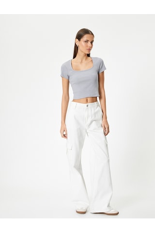 Koton Sırt Dekolteli Tişört Crop Kısa Kollu Fitilli Slim Fit Gri 4sal10804ık Gri