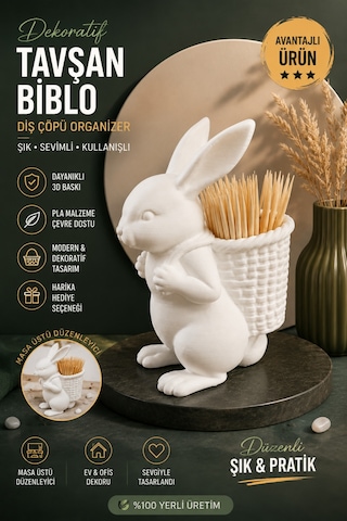 Ognami3d Dekoratif Tavşan Kürdanlık - 3d Baskı Masaüstü Organizer