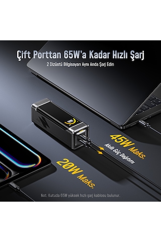 Aohi The Black Warrior 10.000 Mah 65w Pd3.0 Powerbank, Akıllı Dijital Göstergeli Taşınabilir Hızlı Şarj Cihazı, Siyah