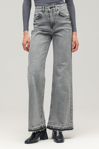 Sââde Kadın Yüksek Bel Wide Leg Jean Pantolon - Paça Detaylı Gri