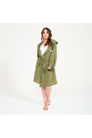 Ördek Nakışlı Kısa Kapüşonlu Müslin Kadın Bornoz-Yeşil