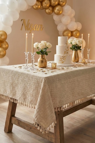 Organizasyon Monika Püsküllü Masa Örtüsü - Baby Shower, Doğum Günü, Nişan Bohem Vintage Buldan Örtü Bej