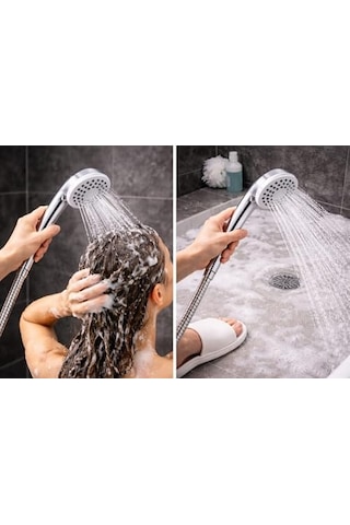 Duş Başlığı Seti 150 Cm Hortumlu, 7.5 Cm Başlık Çapı, 21 Cm Krom Saplı El Duşu, Esnek Plastik Hortum, Paslanmaz Çelik Bağlantı, Basınç Artırıcı Duş Başlığı