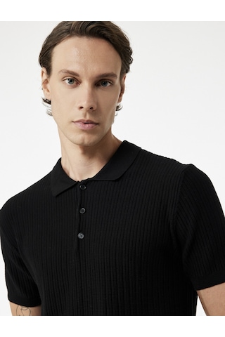 Koton Regular Fit Kısa Kollu Pamuklu Dokulu Düğmeli Polo Yaka Triko Tişört Siyah 7wam70044ht