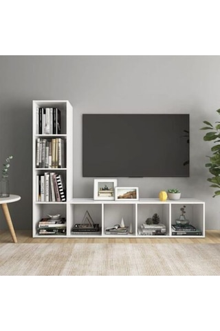 Tdesıgno Yağmur Kitaplıklı Televizyon Sehpası - Ünitesi -kitaplık-beyaz 150 Cm 8 Raflı Beyaz