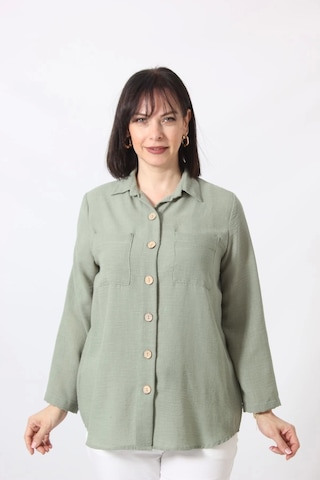 Moda Berray Myb-077 Mint Yeşili Pamuk Keten Kolu Apoletli İki Cepli Kadın Büyük Beden Gömlek Mint Yeşili