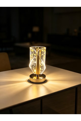 Vezza Home Lüks Kristal Görünümlü Şarjlı Masa Lambası - 3 Renkli Dokunmatik Led Gece Lambası Gold