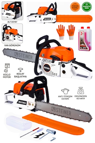Steiner 2.1 Kw Turbo-5200 Profesyonel 2.8 Hp Çift Egzoz 52cc Ağaç Odun Dal Kesme Benzinli Testere Hızar Makinesi 50cm