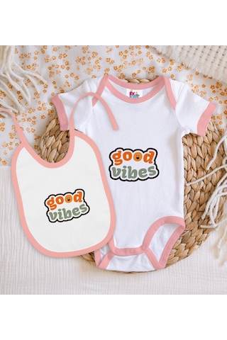 Bk Kids Good Vibes Tasarımlı Pembe Bebek Body Zıbın Ve Mama Önlüğ Çok Renkli