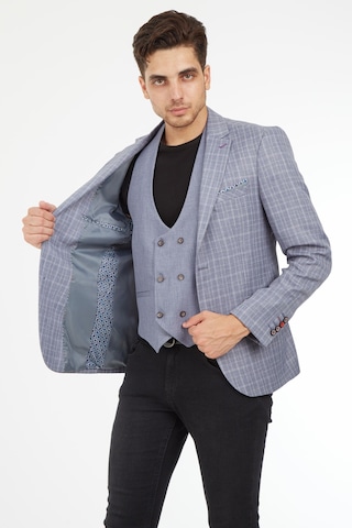 Sposo 5140 Yelekli Dar Kalıp Gri Ekose Erkek Blazer Ceket Gri