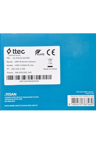 Ttec Ipdp-2330m-m-lite 2mp 2.8mm Sabit Lensli Ir Ip Dome Kamera