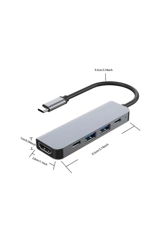 Boatshop1 Gri Alüminyum Alaşım 5i 1 Arada Tipc Hdtv Adaptörü Usb 30 20 Pd Şarj Dizüstü Bilgisayar 4k 60hz Kompakt 95 Cm