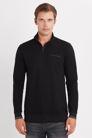 Tudors Erkek Slim Fit Dar Kesim Pamuklu Yarım Fermuarlı Dik Yaka Siyah Sweatshirt-35783 Siyah