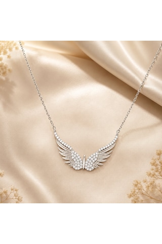 Afrodit Silver 925 Ayar Gümüş Zirkon Taşlı Melek Kanadı Tasarım Kadın Kolye
