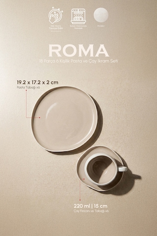Roma Beige Porselen 18 Parça Pasta Ve Çay İkram Seti Bej Bej