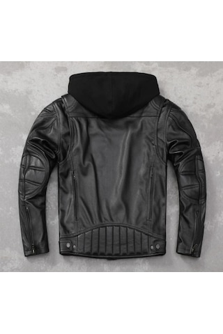 Polar Kapüşonlu Hakiki Deri Mont Siyah