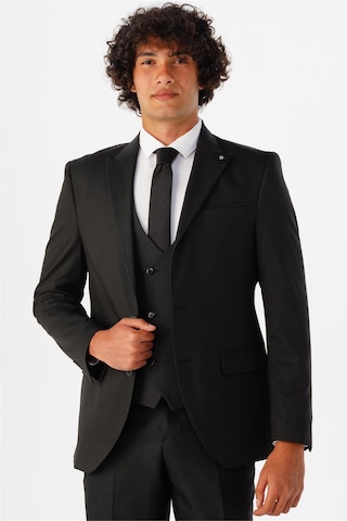 Süvari Siyah Slim Fit Armürlü Sivri Yaka 6 Drop Yelekli Klasik Takım Elbise
