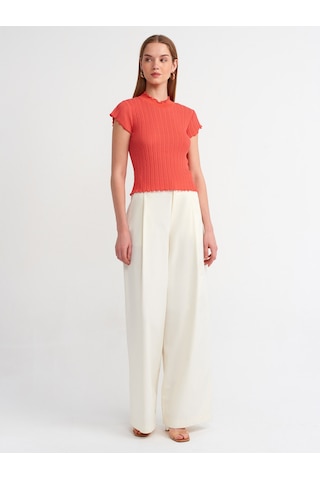 Dilvin Dik Yaka Transparan Triko Bluz Kırmızı