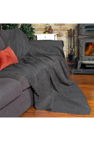 Jakarlı Şönil Koltuk Örtüsü Kanepe Örtüsü Koltuk Şalı 175x300 Kaymaz Gri Gri