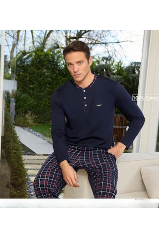 Pijamoni Erkek Standart Kalıp Pamuklu Düğme Yaka Uzun Kol Baharlık Pijama Takımı 6300/8l - 1 Adet Lacivert