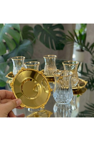 12 Parça 6 Kişilik Kristal Kesim Çay Takımı Cam Çay Bardağı Ve Tabak Seti Eco Gold