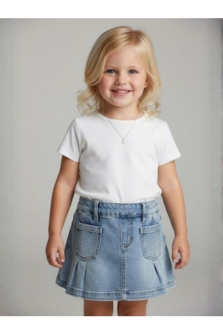 Zekids Kız Bebek Taşlı Cepli Pileli Jean Etek-16879 Mavi